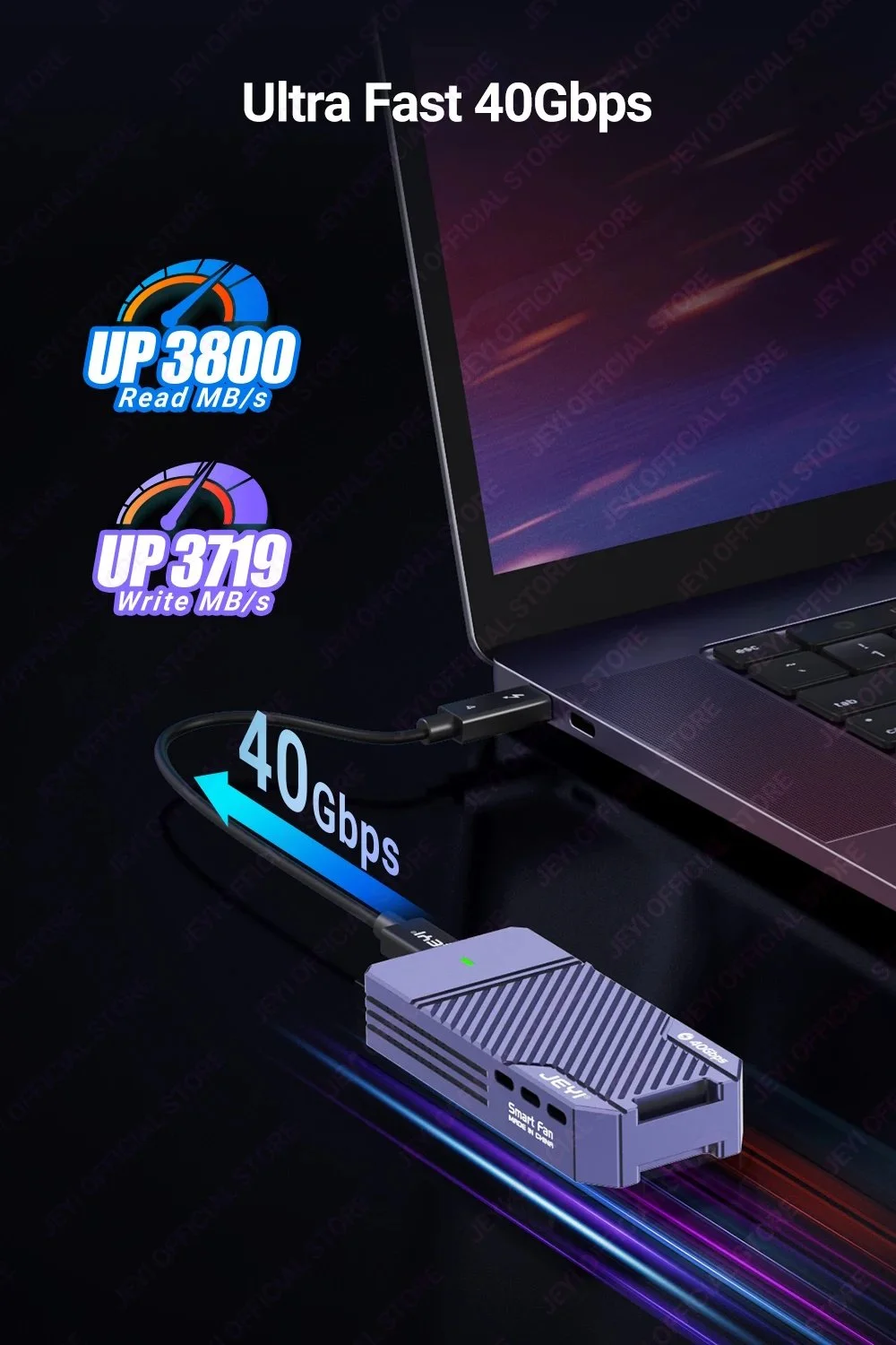Внешний карман JEYI Fan 40Gbps M.2 NVMe SSD to USB4.0, Thunderbolt 4 Violet, фото №7 Внешний карман JEYI Fan 40Gbps M.2 NVMe SSD to USB4.0, Thunderbolt 4 Violet, фото №7