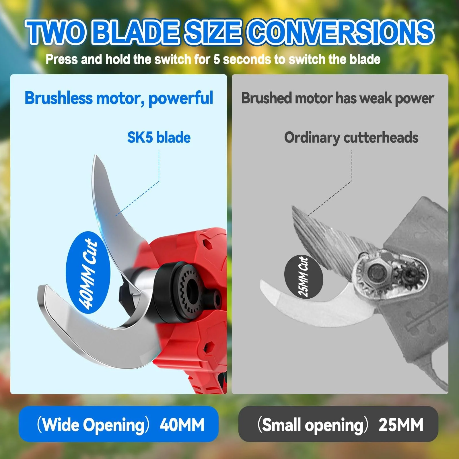 Секатор електричний Gotrain 40 мм акумуляторний з безщітковим двигуном та акумулятором 2000 мА, фото №2