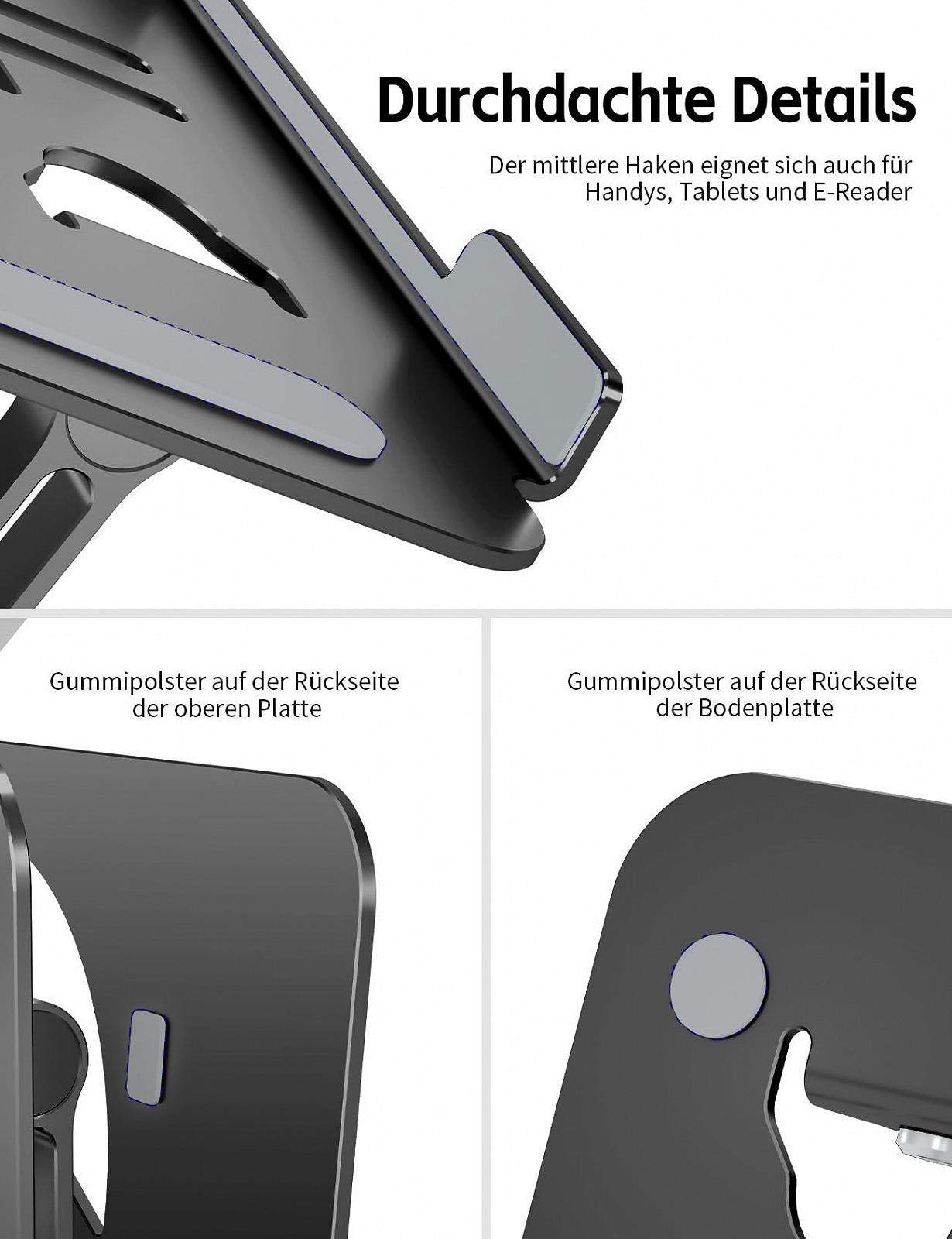 Підставка для ноутбука алюмінієва ергономічна, регульована по висоті та складна, стабільна та нековзка, покращена вентиляція, сумісна з MacBook (до 15,6 дюймів), чорна, фото №3