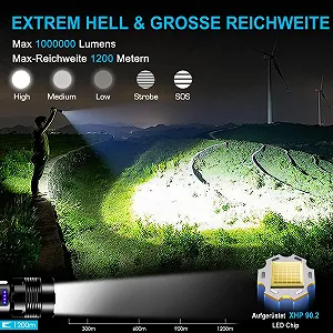 Ліхтар LED Перезаряджуваний, 500 000 Люмен, Надзвичайно Яскраві Сильні , USB з COB Робочим Світлом і Тривалим Часом Роботи з 9 Режимами і Водонепроникністю, З масштабуванням synthetic.ua - Фото 1