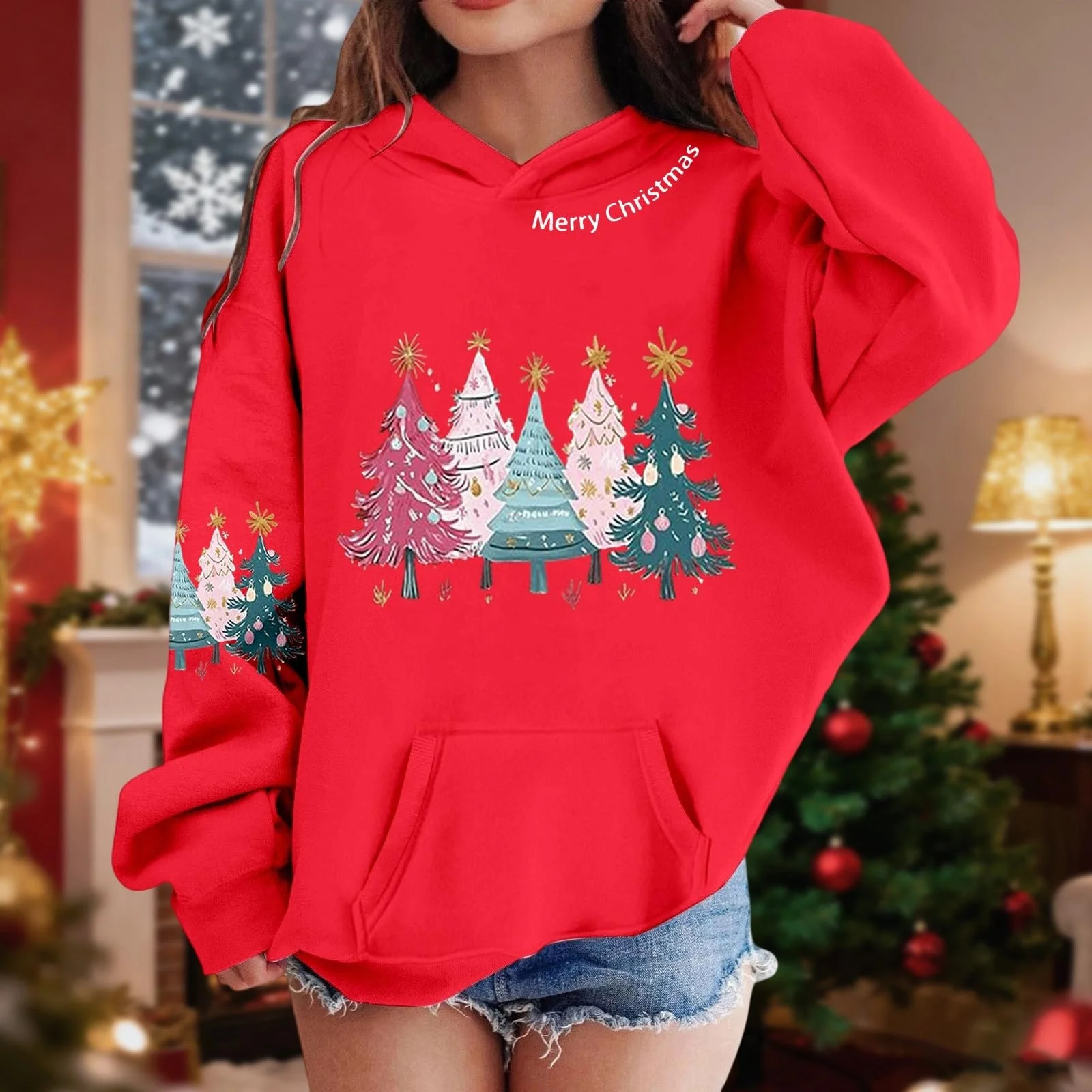 Толстовка з капюшоном для дівчат з принтом, з довгими рукавами, вільного крою, святкова, з м’якого флісу, фото №3