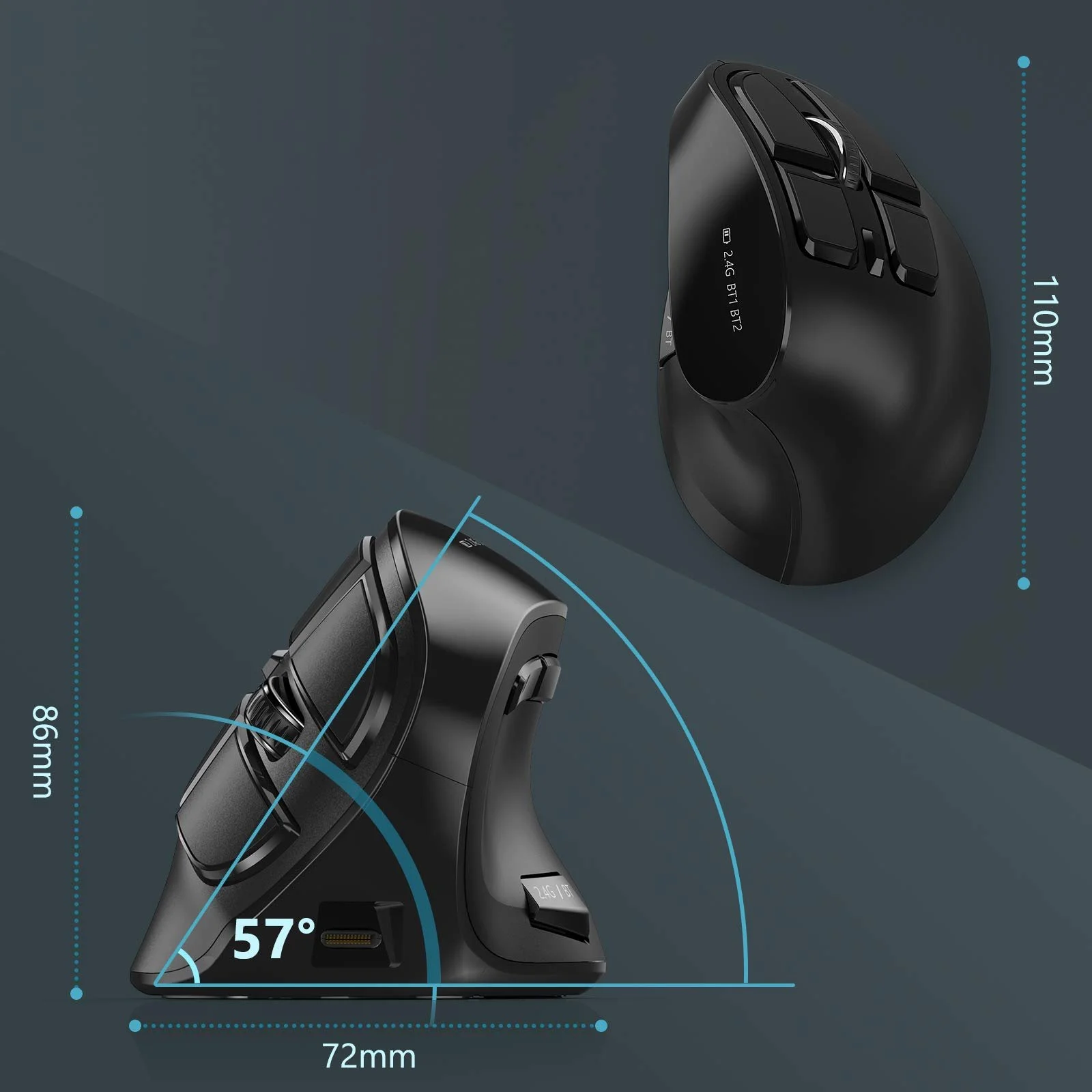 Мышь Беспроводная Вертикальная Эргономичная Seenda (Dual Bluetooth + 2.4G Аккумуляторная Игровая Беспроводная Мышь, Многофункциональная Беспроводная Компьютерная Мышь для Ноутбука/ПК/Mac/Планшета/iPad (Windows/Android/iOS) Черный, фото №7