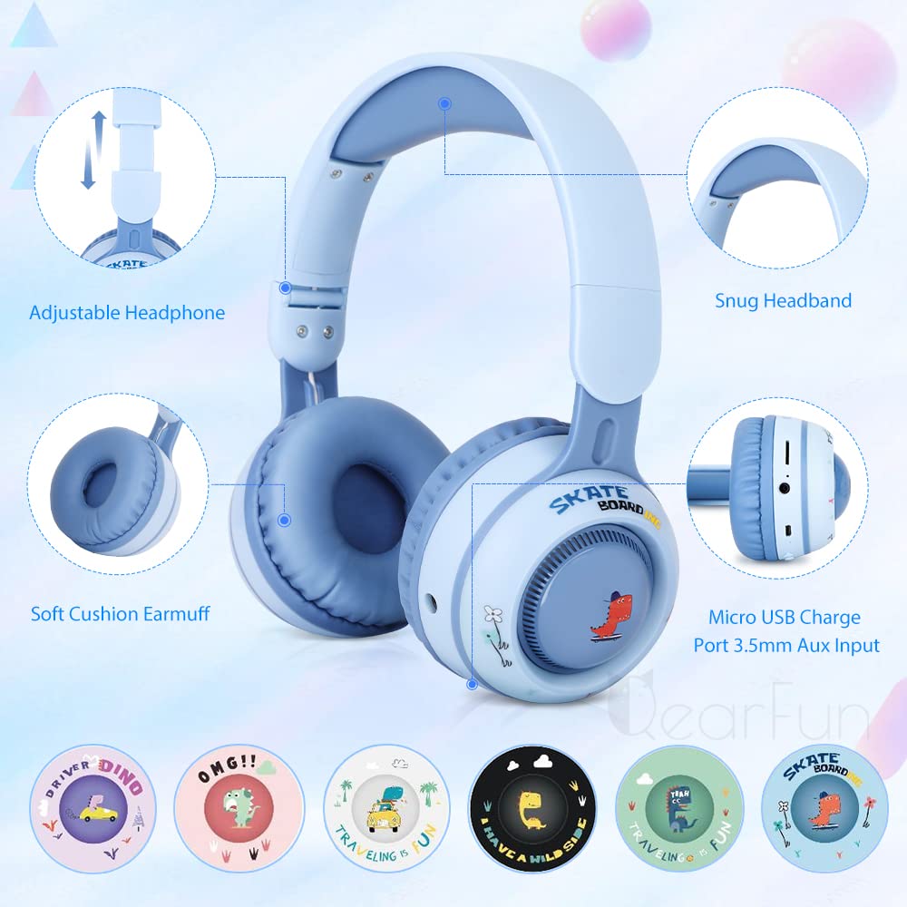 Навушники JYPS для дітей Динозавр Bluetooth LED Світло Знімний мікрофон, фото №4