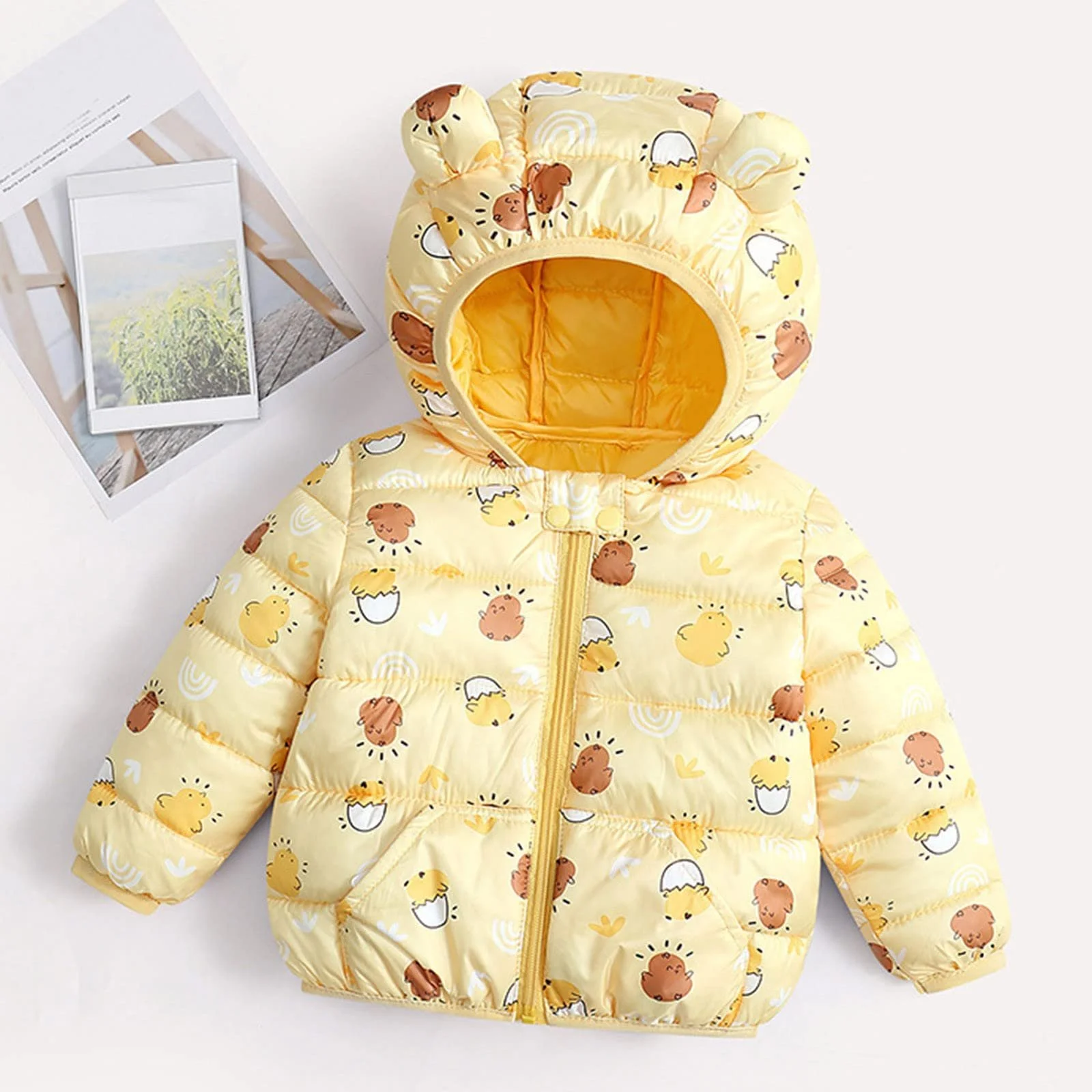 Детская стеганая куртка Generisch с мультяшным принтом, флисовая куртка с карманами, молнией, медвежьими ушками, повседневная зимняя детская куртка, элегантное осеннее пальто, мальчишеская куртка для активного отдыха, пуховик для девочек, фото №2