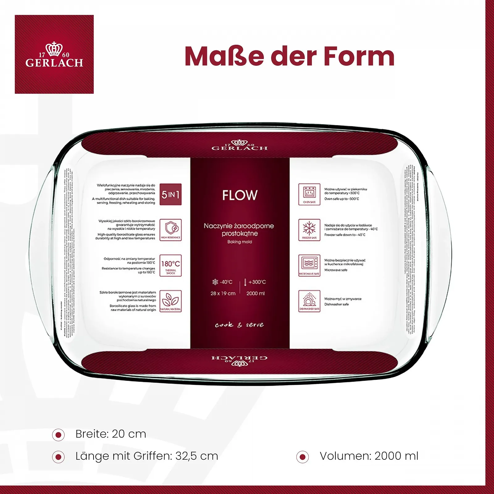 Форма для запекания Gerlach Flow 1760 прямоугольная из боросиликатного стекла 32.5 x 20 см 2 л, фото №4