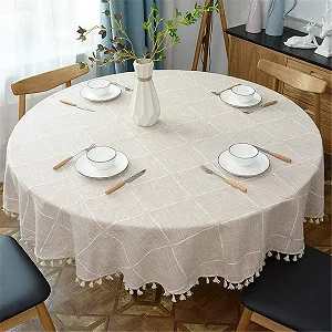 Скатертина кругла з китицями в клітинку Cotton Linen Fabric Щільна 200 см Beige - Фото 1