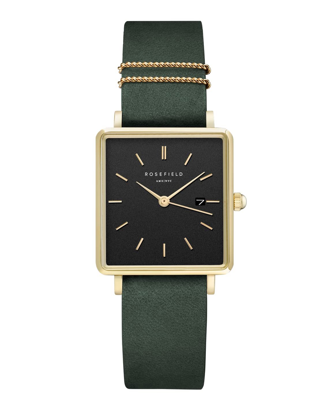 Жіночий Годинник Rosefield The Boxy Квадратний Корпус Золотий - Чорний Циферблат і Лісовий Зелений Ремінець QBFGG-Q031, фото №1