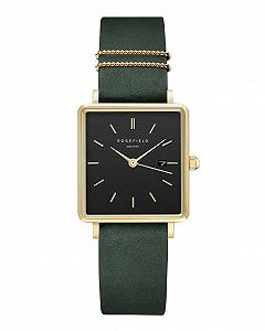 Женские часы Rosefield The Boxy Квадратный корпус Золотой - Черный циферблат и Лесной зеленый ремешок QBFGG-Q031, Золотой-Черный-Зеленый, Элегантные - Фото 1