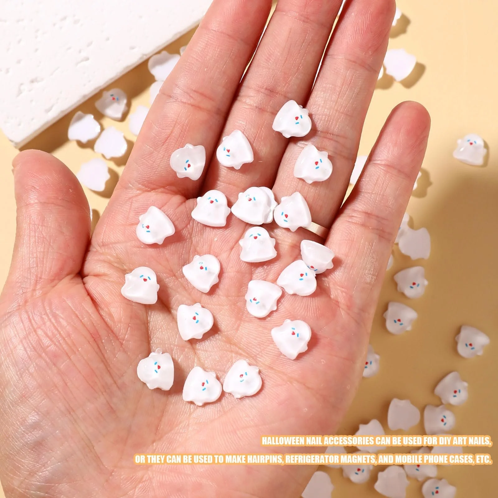 3D Хэллоуин украшения для ногтей, набор 100 шт, белые украшения для ногтей, акриловые украшения в виде привидения для дизайна ногтей, ювелирных изделий, аксессуаров, DIY изделий, фото №5