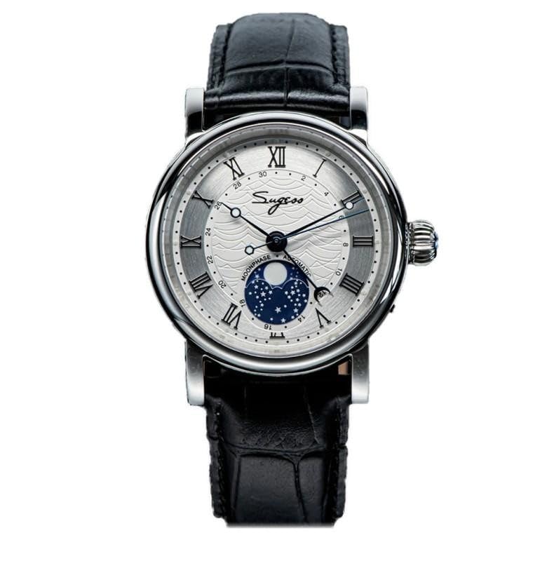Часы Seestern Sugess Moon Phase Mechanical Steel Leather Мужские Сапфир Черный Белый Кожаный Ремешок, фото №1