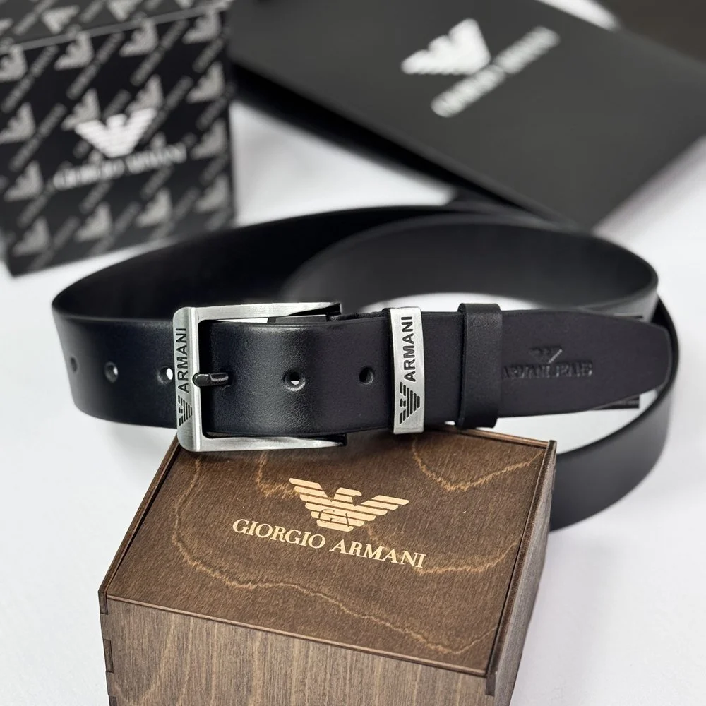 Чоловічий ремінь Armani чорний шкіряний пояс, фото №2