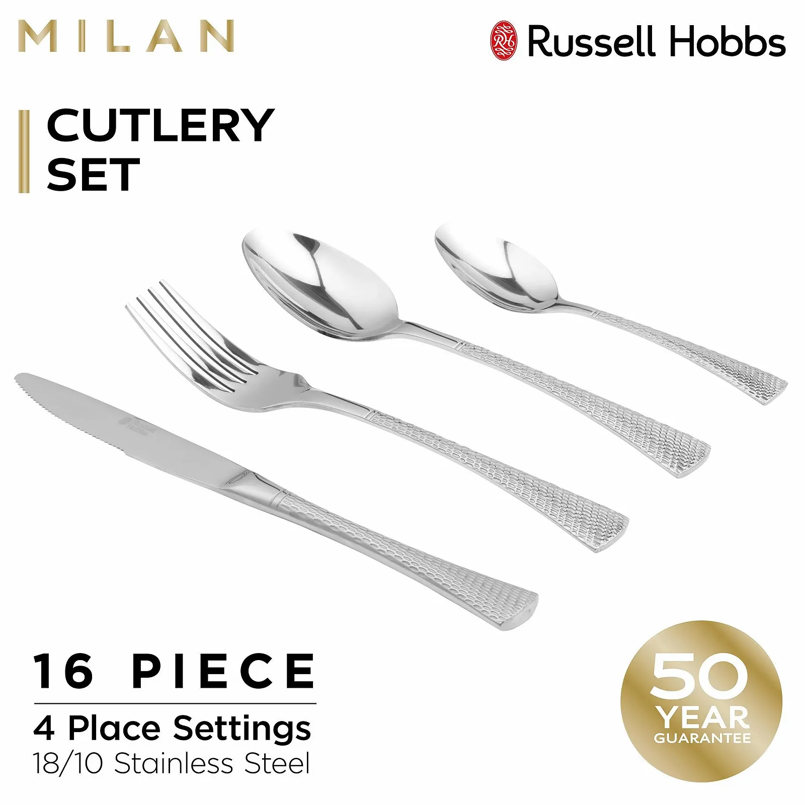 Набор столовых приборов Russell Hobbs Milan на 4 персоны, 16 предметов (нож, вилка, ложка), полированная поверхность, можно мыть в посудомоечной машине, нержавеющая сталь 18/10, фото №4