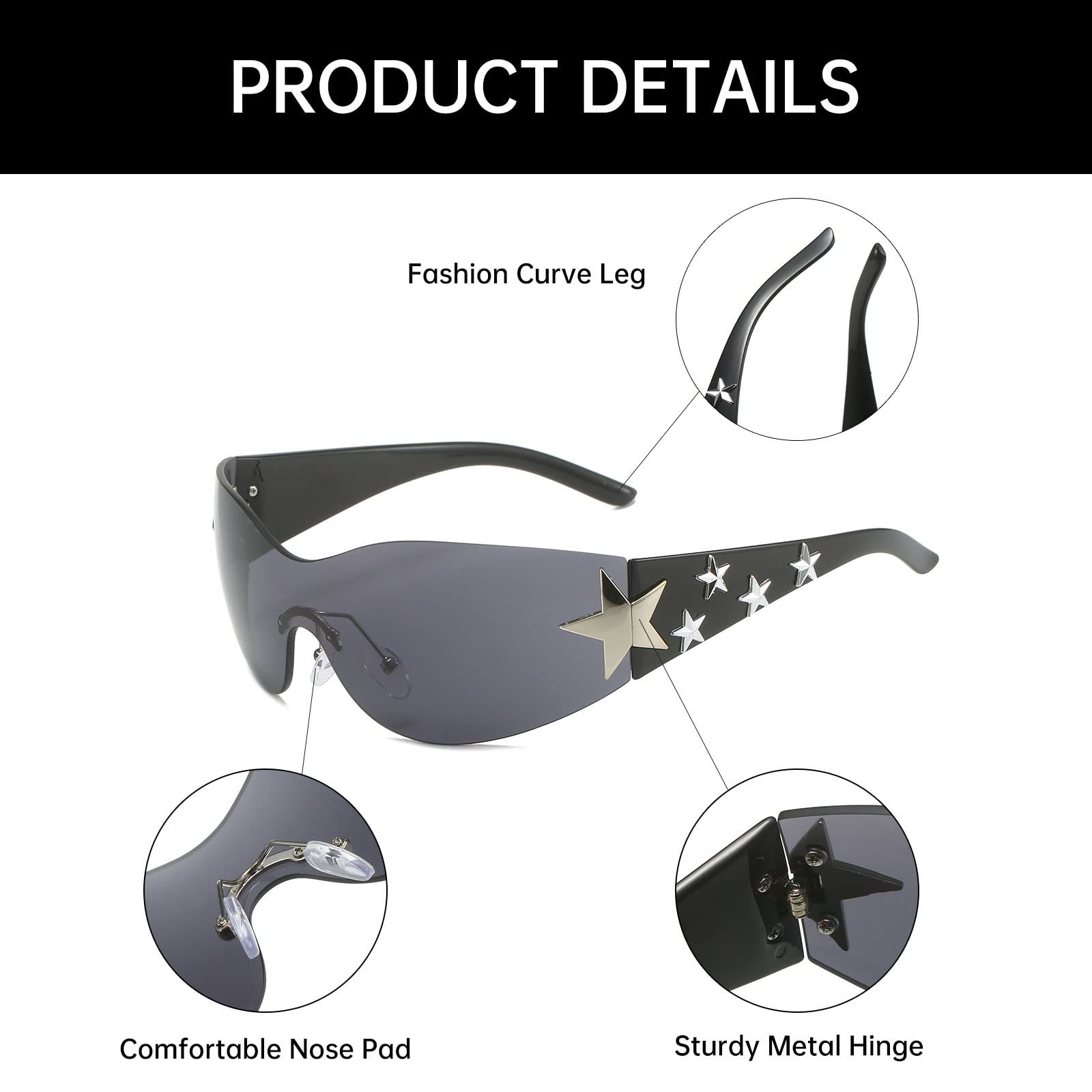 Сонцезахисні Окуляри YAMEIZE Y2k Rimless Wrap Around Rimless Star, фото №5