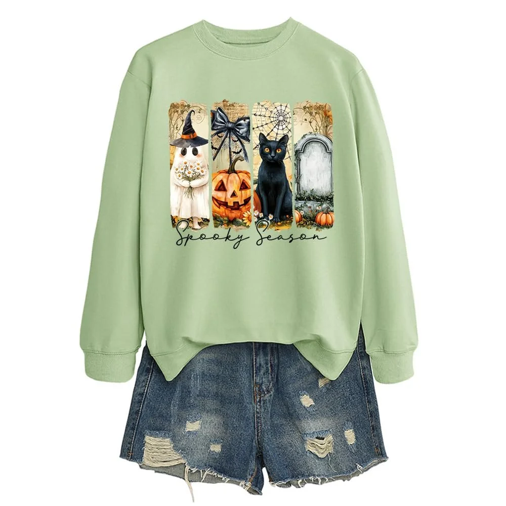 Женский свитшот MLZHAN Halloween Spooky Season, смешной принт с привидениями кошек и тыкв, рубашки с длинными рукавами, осенний модный пуловер, топы, фото №3