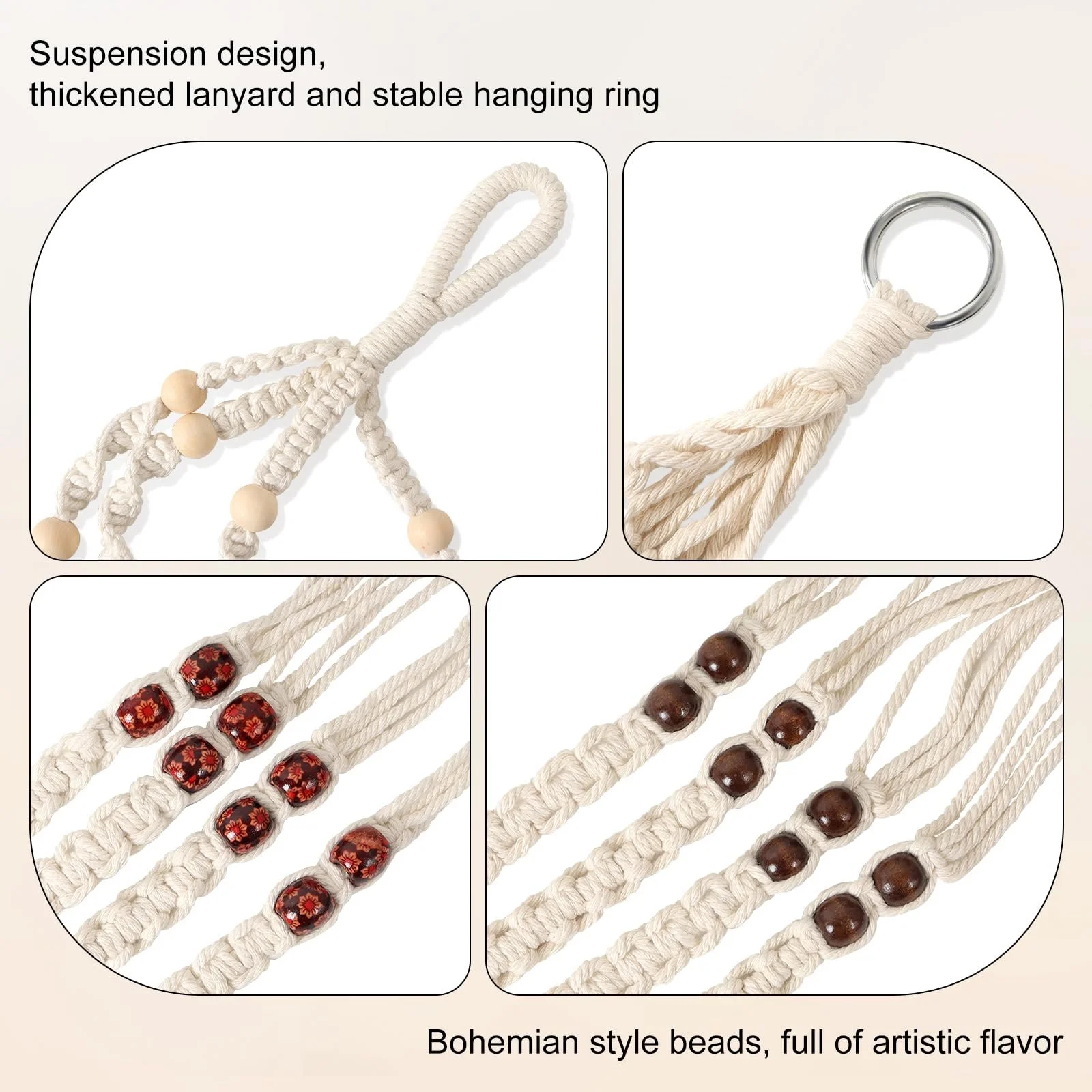 Подвесное кашпо макраме Набор 4 шт. Хлопковое ручной работы Бежевый, фото №5