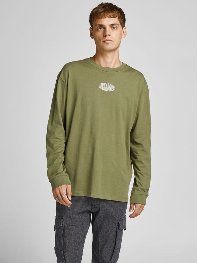 Футболка JORWORLDS TEE LS CREW NECK 12196539-Martini Olive-Fit:RELAXED Jack&Jones Зелений M, фото №1