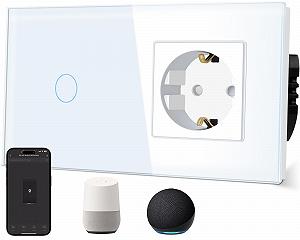 Розетка TAWOIA з розумним Wi-Fi вимикачем світла (потрібен нейтральний провідник), зі скляною панеллю, голосове керування для Alexa, сумісний з додатком Smart Life і Tuya, односторонній, білий - Фото 1