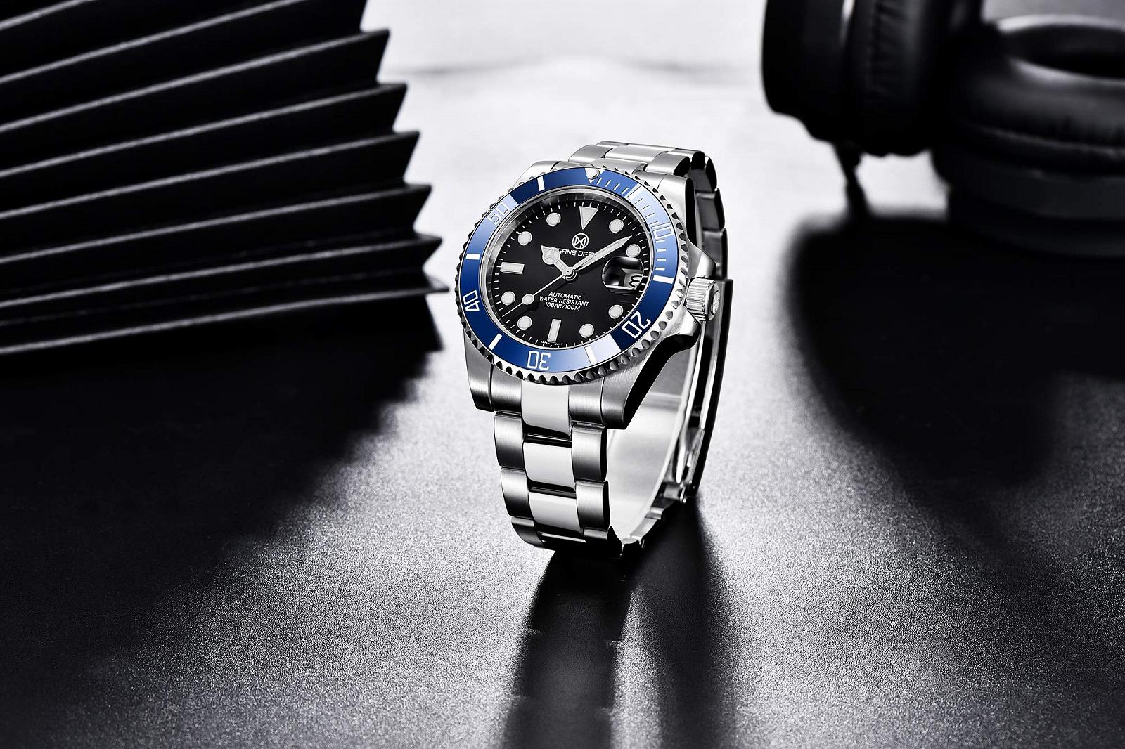 Часы PAGRNE DESIGN Men's Automatic Submariner с браслетом из нержавеющей стали, механические, водонепроницаемые (100 м), механизм NH35A, фото №5
