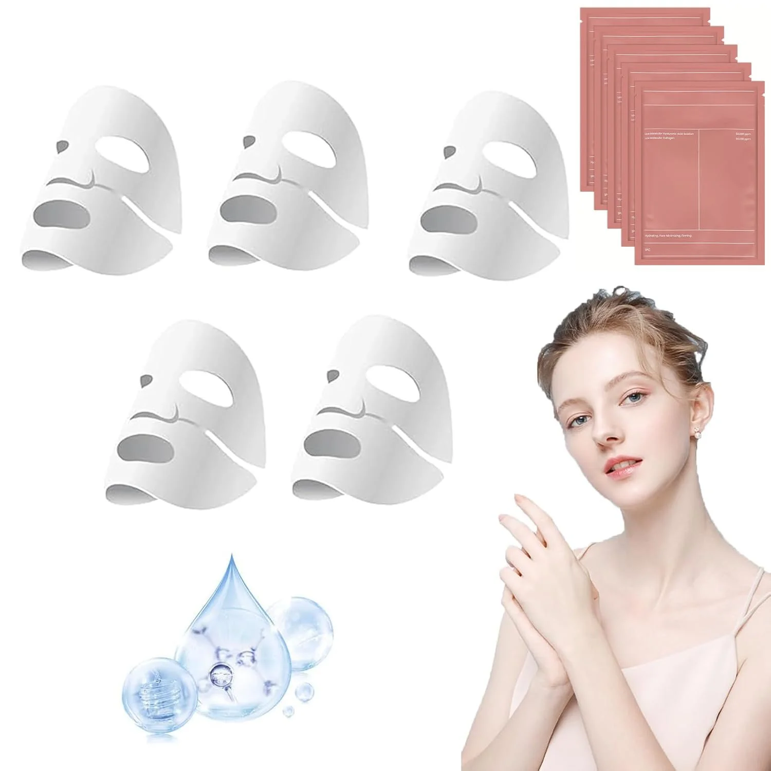 Маска Коллагеновая для лица в упаковке 5 штук, лифтинг и укрепление, увлажняющая, антивозрастная, уменьшает мимические морщины, растворимый коллаген, ночная маска для лица (B), фото №1