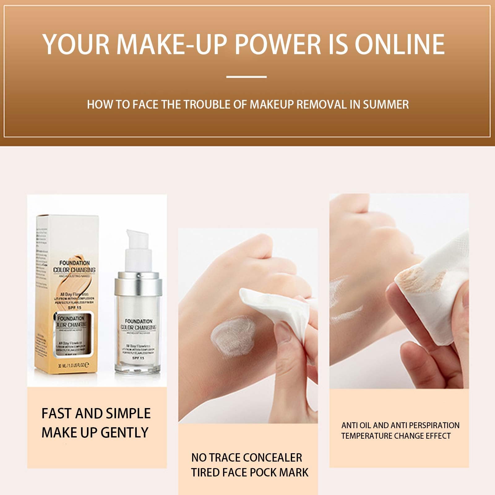 Тональный крем Colour Changing для зрелой кожи, увлажняющий и водостойкий, изменяющий цвет, длительное действие (3 шт., 30 мл), фото №6