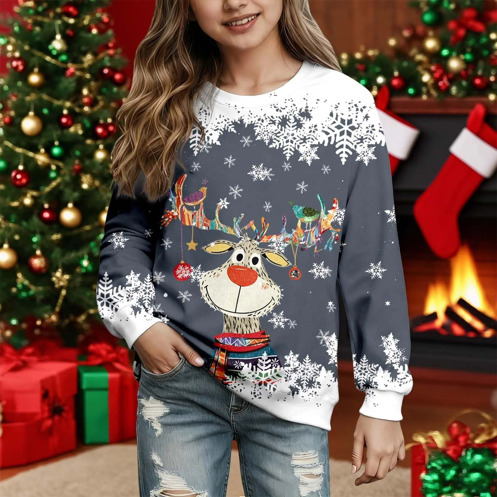 Рождественский свитер для девочек Merry Christmas, рождественский пуловер, рождественский свитшот с круглым вырезом и длинными рукавами, фото №3