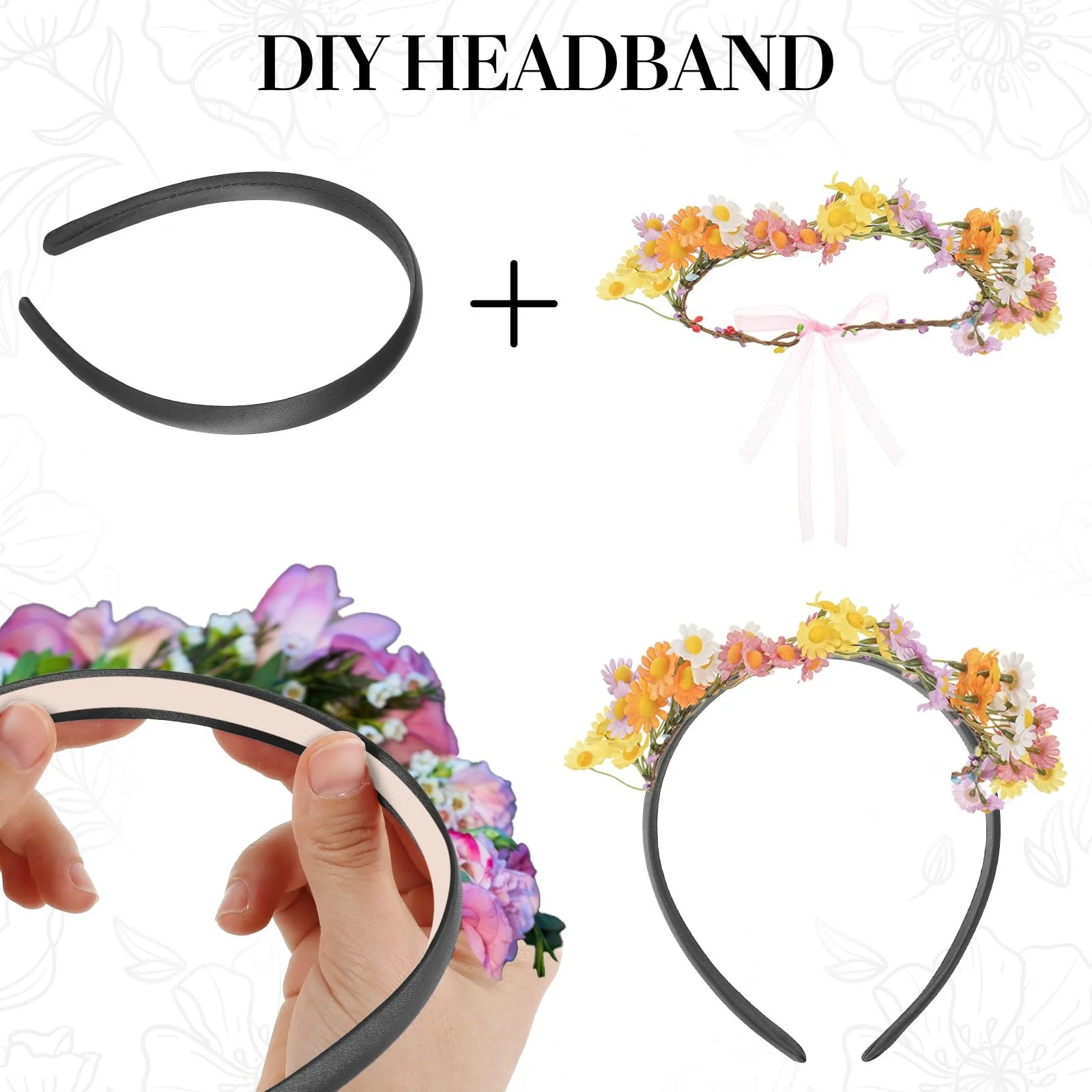 Обруч на голову атласна Pack of 2 Широка Однотонна Чорний + Рожевий, Ширина 1,5 см, фото №3