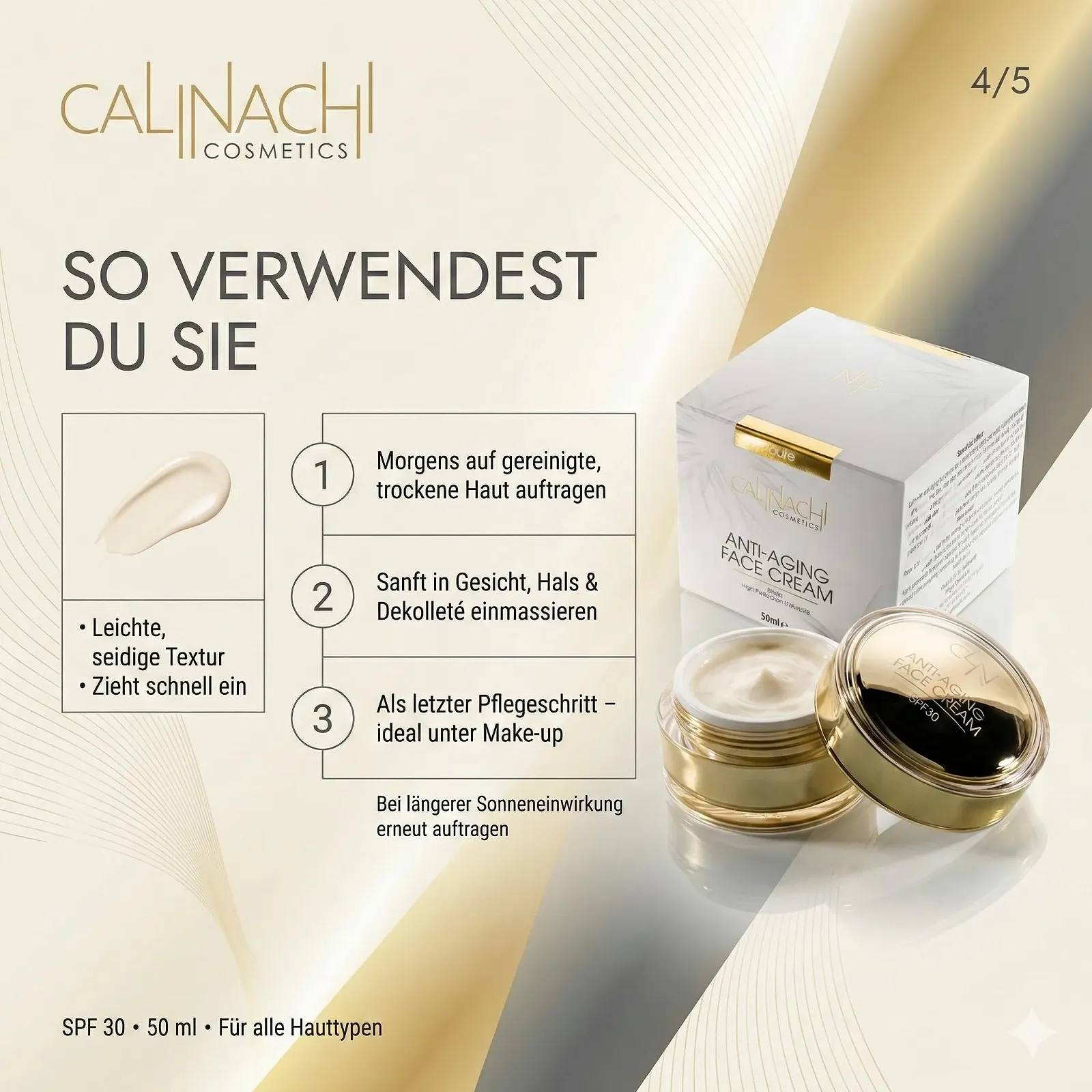 Омолоджувальний денний крем CALINACHI SPF 30 з пептидом Matrixyl Synthe'6, Q10, вітаміном C та гіалуроновою кислотою 50 мл, фото №5