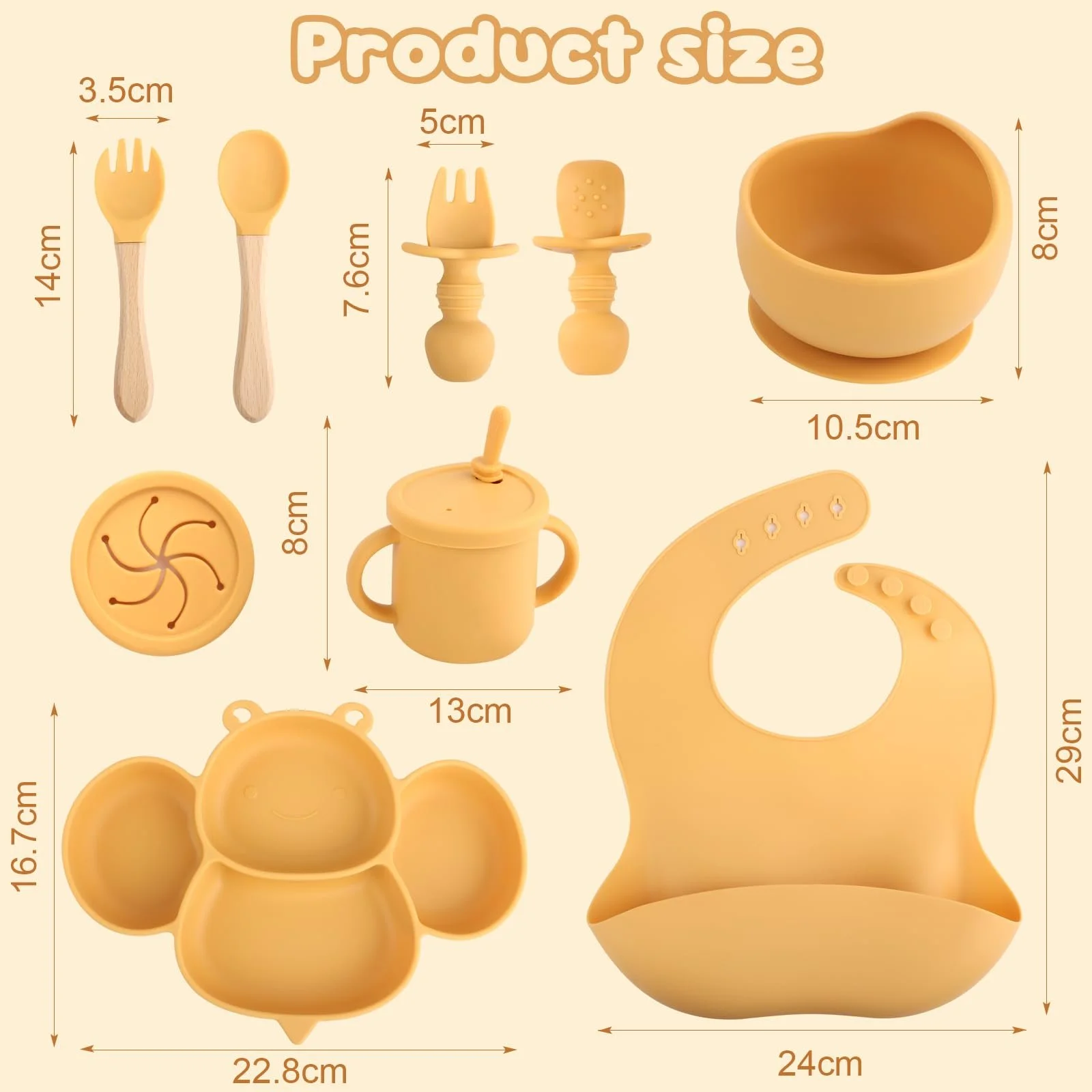 Набор детской силиконовой посуды, нескользящий с присоской, 8 предметов: детская тарелка, детская тарелка с присоской, силиконовая чашка, ложка, вилка, нагрудник, чашка для питья, фото №2