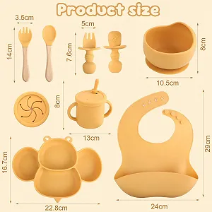 Набор детской силиконовой посуды, нескользящий с присоской, 8 предметов: детская тарелка, детская тарелка с присоской, силиконовая чашка, ложка, вилка, нагрудник, чашка для питья synthetic.ua - Фото 1