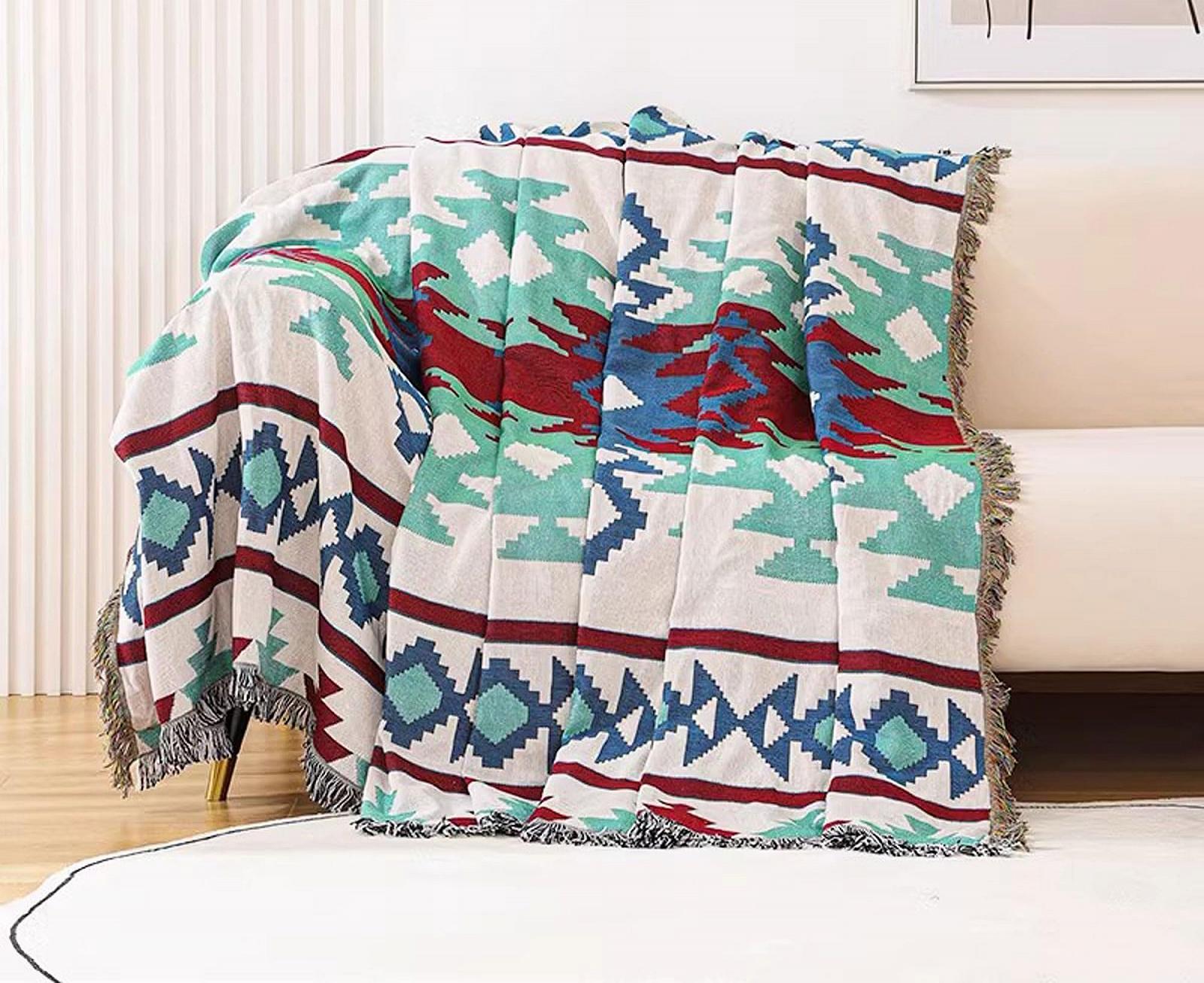 Покрывало в стиле бохо с бахромой двустороннее для дивана в этническом стиле Ацтеков многофункциональное для дома офиса путешествий кемпинга 180 x 230 см, фото №2