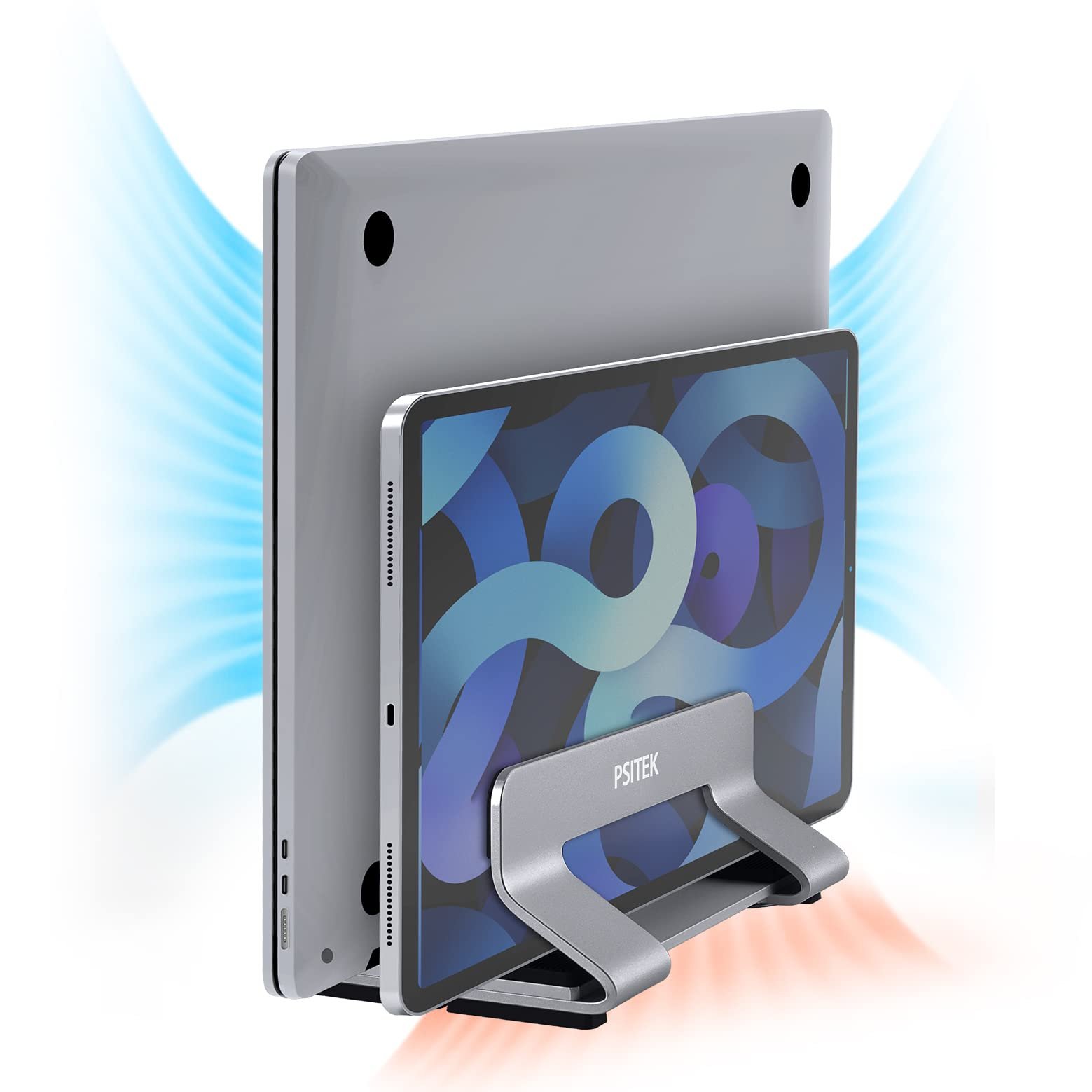 Подставка для ноутбука вертикальная двойная алюминиевая Psitek, регулируемая ширина слота 12-36 мм, фото №5