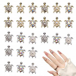 Подвески для ногтей Черепаха NICENEEDED 24 шт, 3D украшения для ногтей в виде черепахи с камнями, блестящие украшения для маникюра - Фото 1