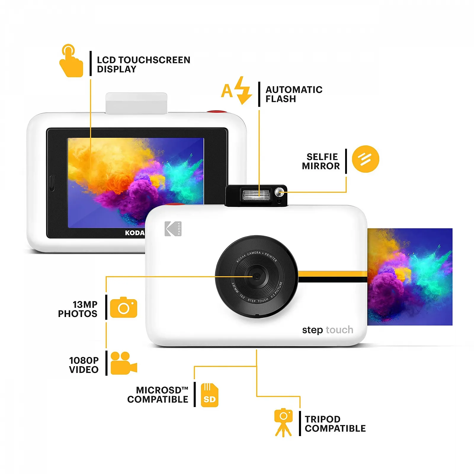 Цифровая фотокамера и принтер мгновенной печати KODAK Step Touch 13MP 3.5 дюйма LCD Touchscreen 1080p HD Video 10x Optical Zoom Bluetooth White, фото №4
