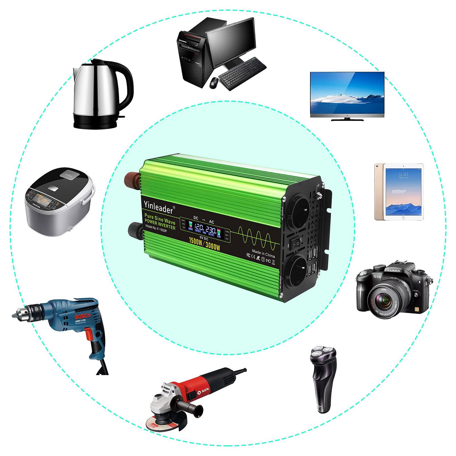 Інвертор Yinleader Pure Sine Wave 1500 Вт / 3000 Вт 12 В 230 В з 4 x USB і 2 Розетками AC, фото №2