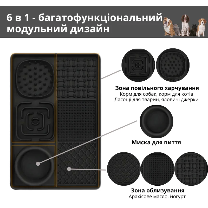 Миска килимок для тварин Пухнасте Щастя підлогова для годування 31х21 см Чорна, фото №2