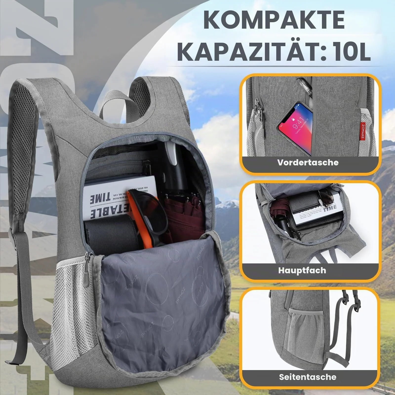 Похідний рюкзак Zomake Складний ультралегкий 10 л Сірий, фото №3