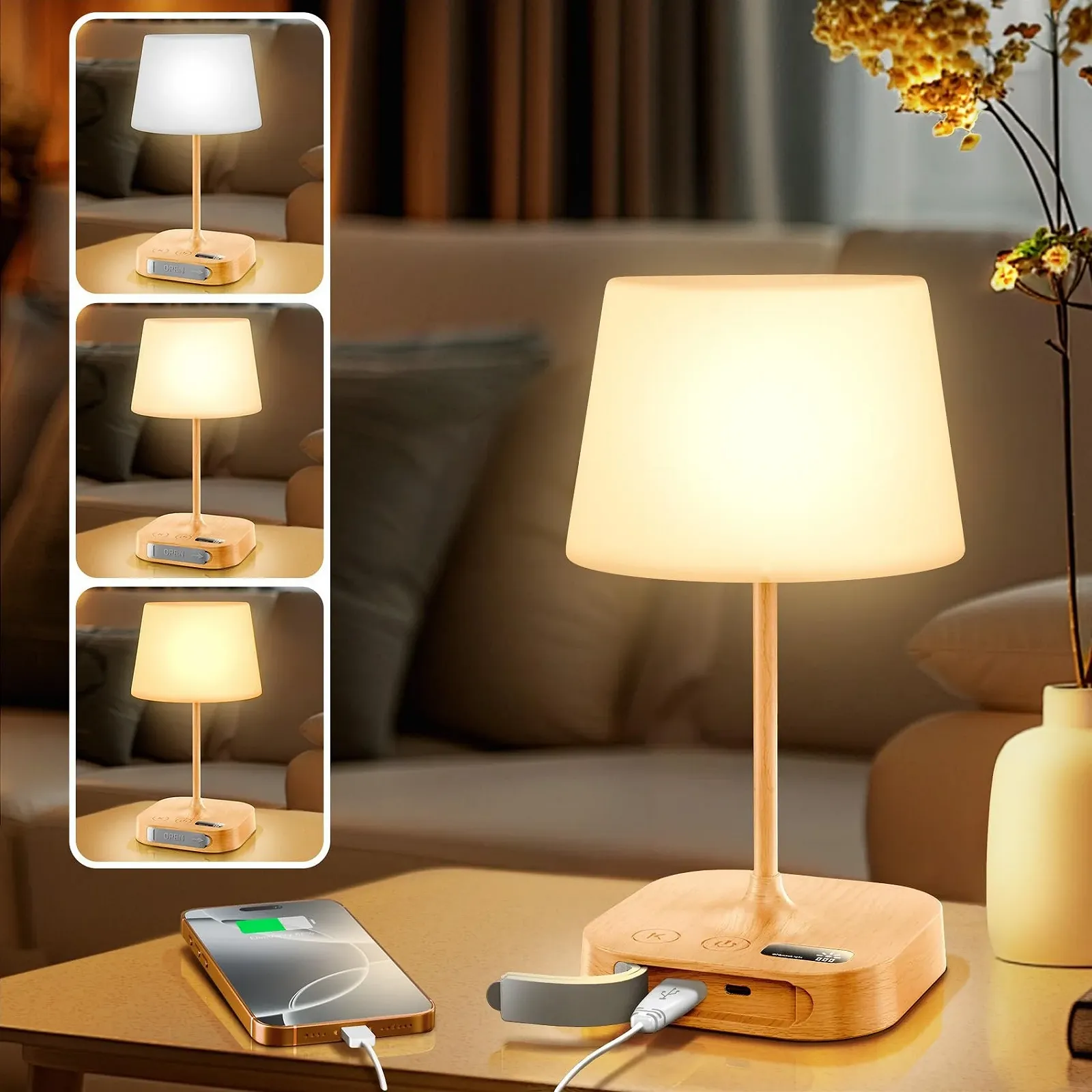 Настільна лампа Anordsem LED акумуляторна 8000 мАг сенсорна вулична з 2 портами USB колір дерево, фото №5
