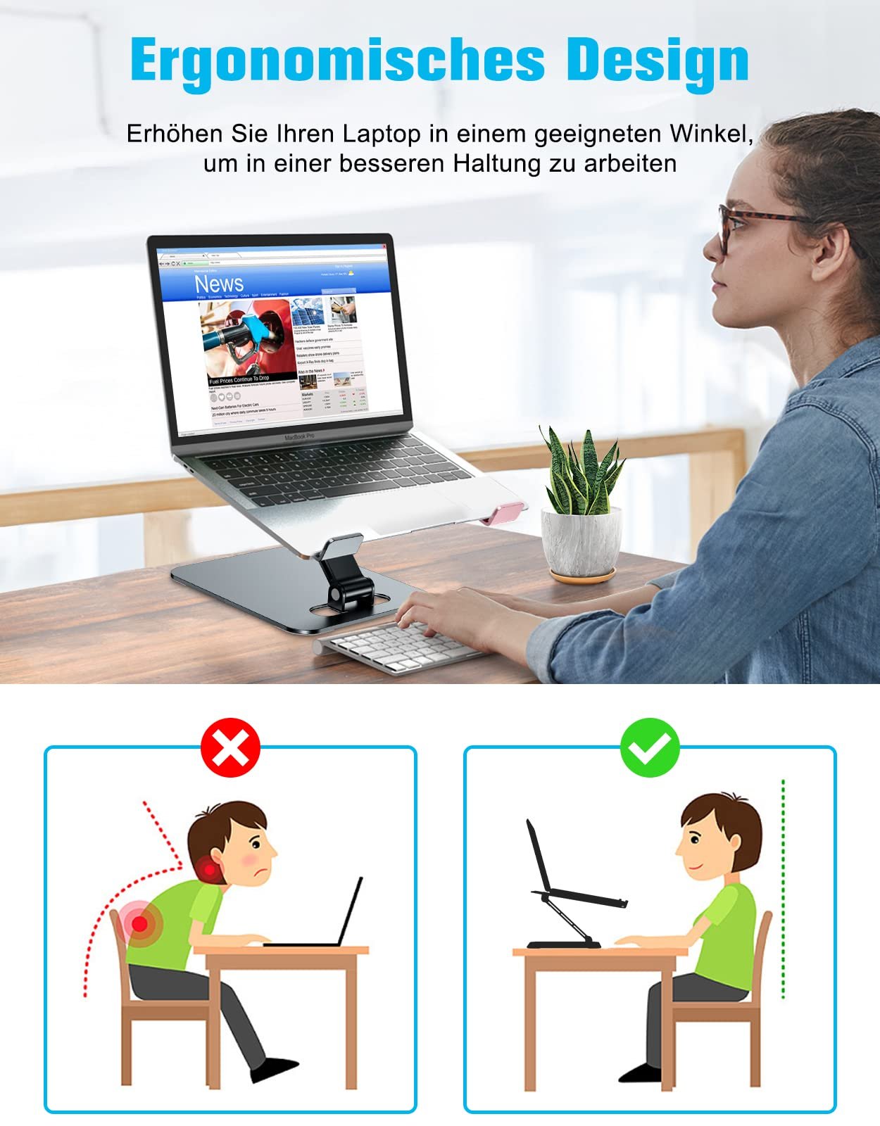 Подставка для ноутбука Babacom Регулируемая по высоте, складная, из алюминиевого сплава, эргономичная, вентилируемая, совместима с MacBook Air, Pro, всеми ноутбуками 10-16 дюймов, серая, фото №2