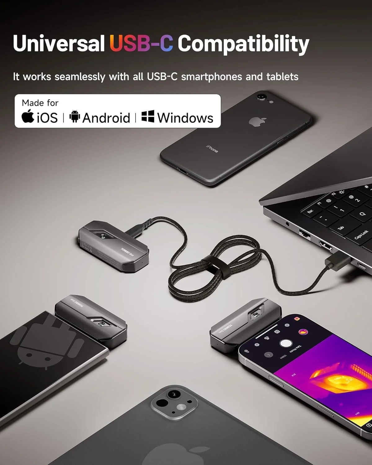 Тепловизионная камера TOPDON TC002C Duo для Android/iOS / 512 x 384 TISR / -20-550°C / 25 Гц / Серый, фото №4 Тепловизионная камера TOPDON TC002C Duo для Android/iOS / 512 x 384 TISR / -20-550°C / 25 Гц / Серый, фото №4