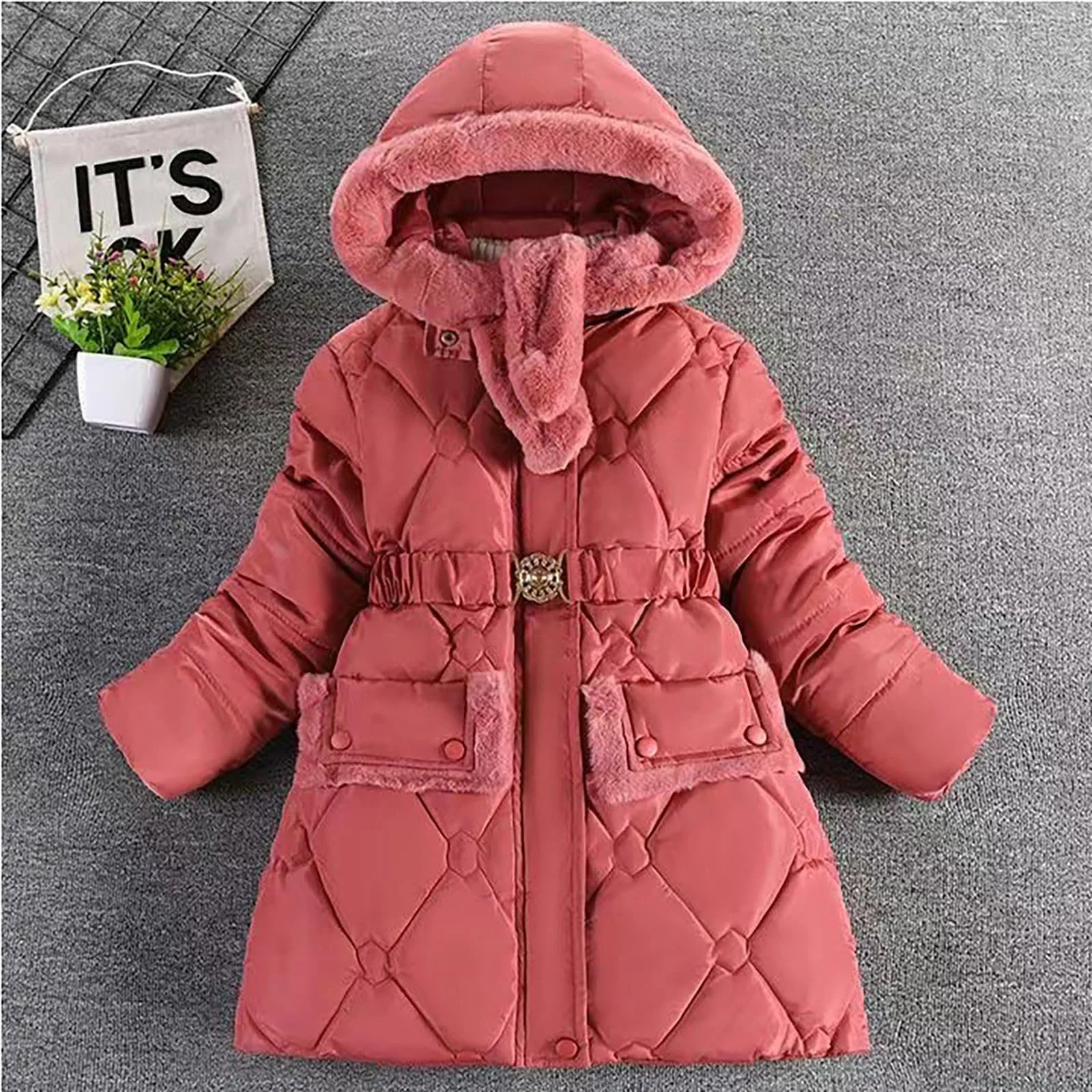Зимнее пальто Generisch для девочек, длинная куртка софтшелл, ветрозащитная зимняя парка с меховым капюшоном, милая однотонная повседневная куртка-пуховик с застежкой-молнией, фото №2