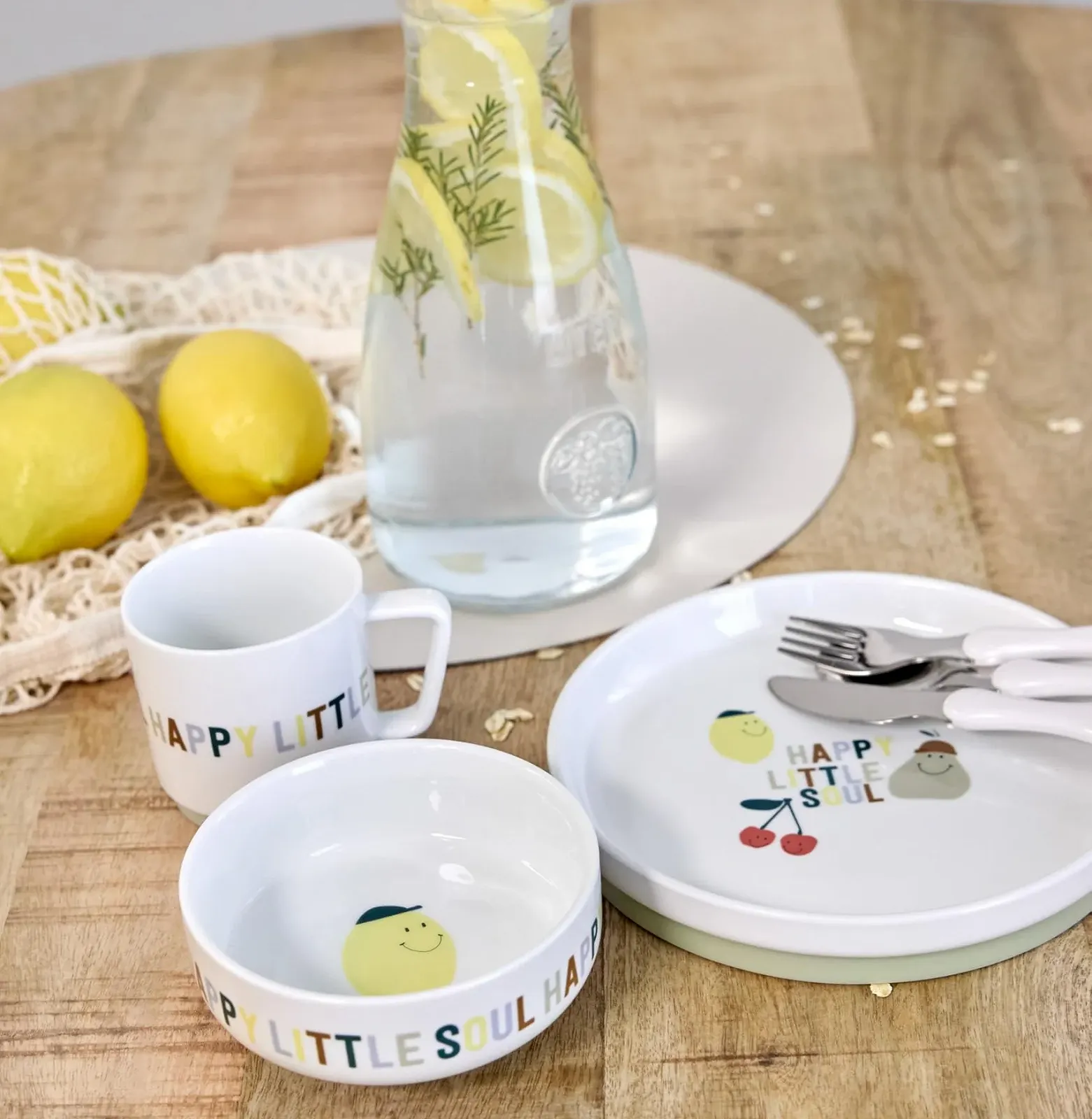 Дитячий порцеляновий набір посуду LÄSSIG Happy Fruits (тарілка, миска, чашка) з силіконовим кільцем, фото №4