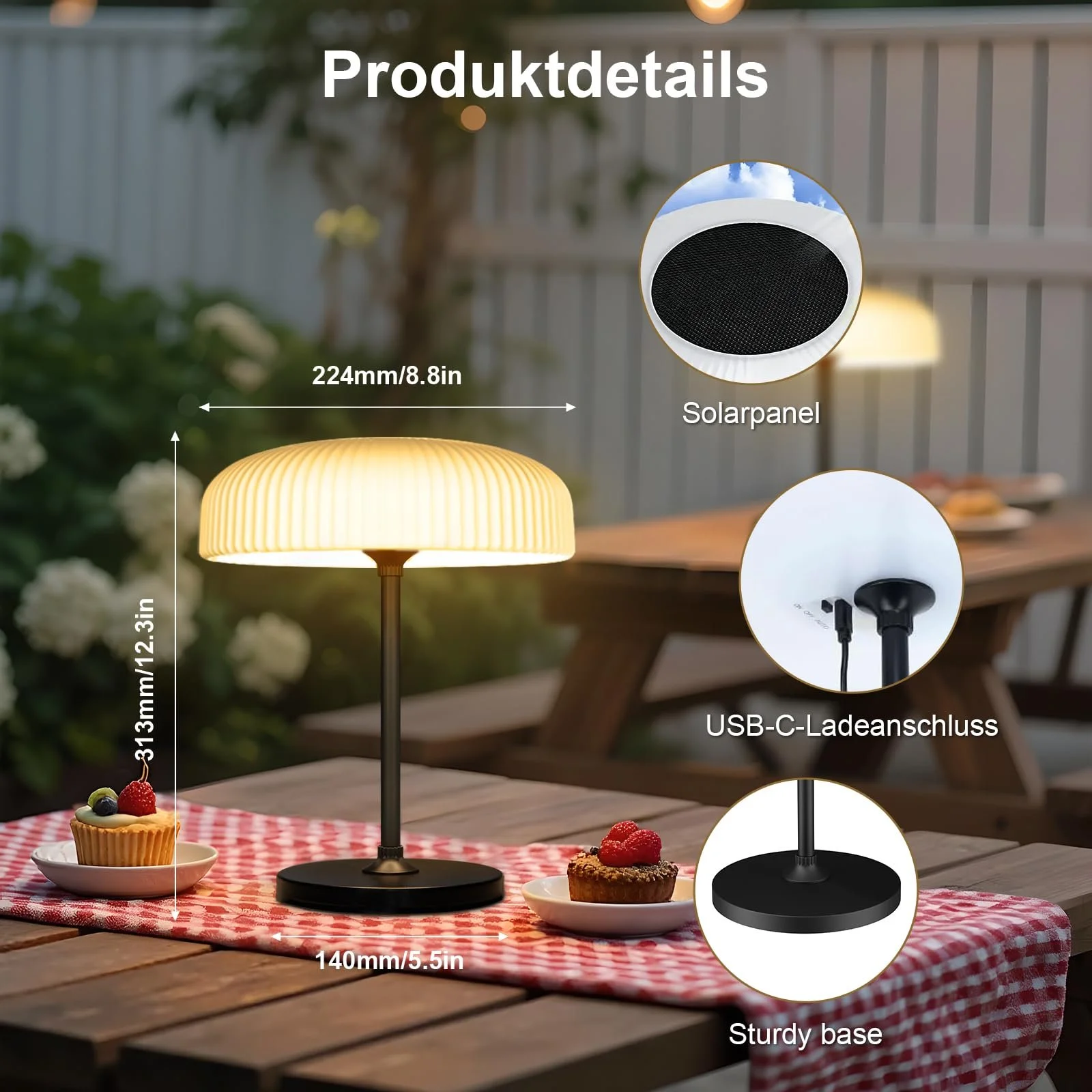 Настільна лампа AGOTD Solar Outdoor Wireless USB-C Touch Dimmable Warm White Cool White IP65, фото №7
