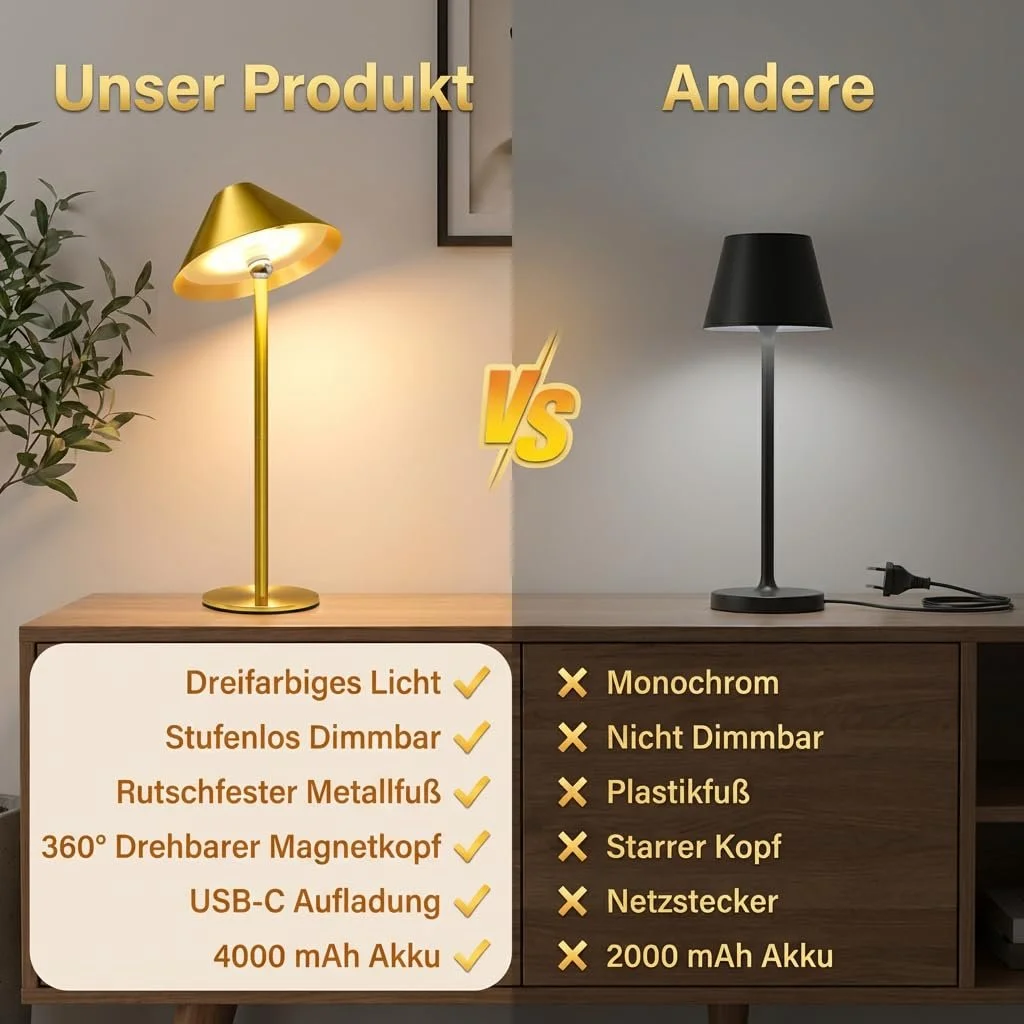 Настільна лампа LED бездротова магнітна поворотна 360° акумуляторна 4000 мАг димована 3 кольори Золота, фото №3