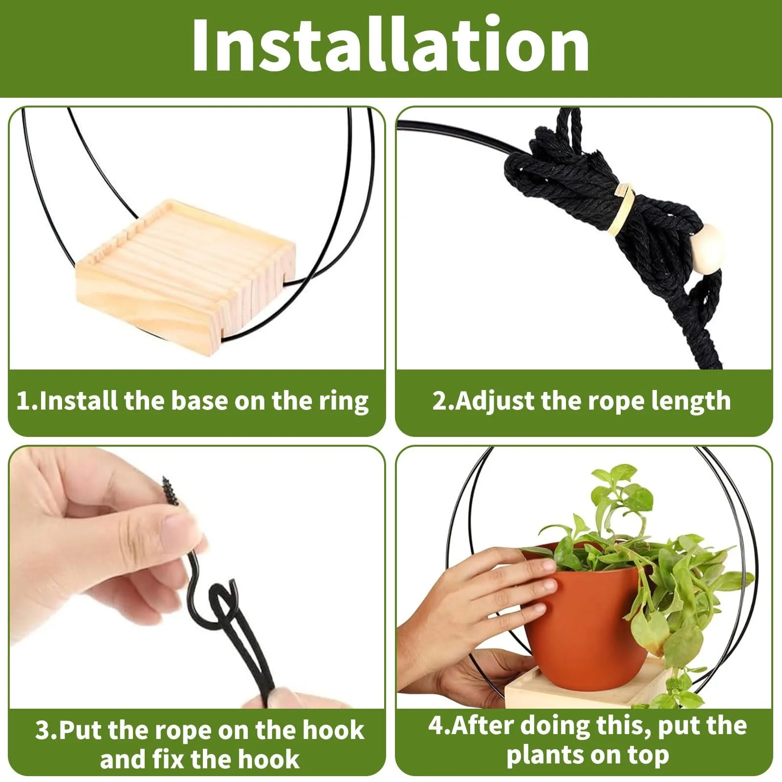 Підвісні корзини для квітів 2 шт з дерев'яною основою чорні, фото №3