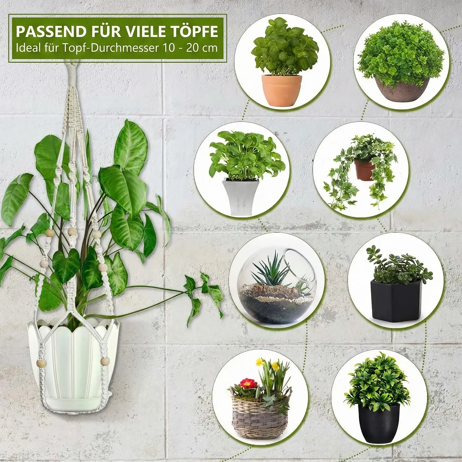 Подвесные корзины макраме AceList набор из 3 штук джутовый хлопок без кисточек Boho Cream, фото №5