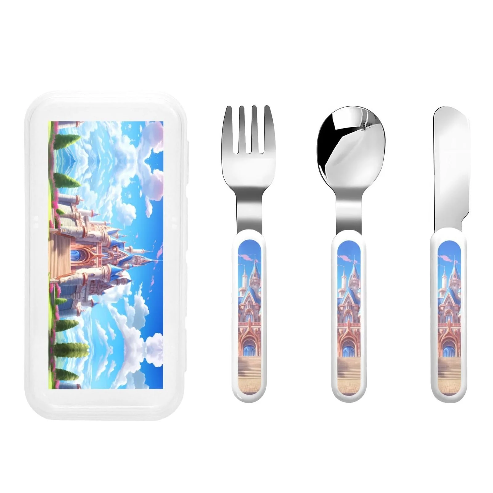 Набір дитячих столових приборів з принтом Outside The Castle, 3 предмети, багаторазовий, фото №1 Набір дитячих столових приборів з принтом Outside The Castle, 3 предмети, багаторазовий, фото №1