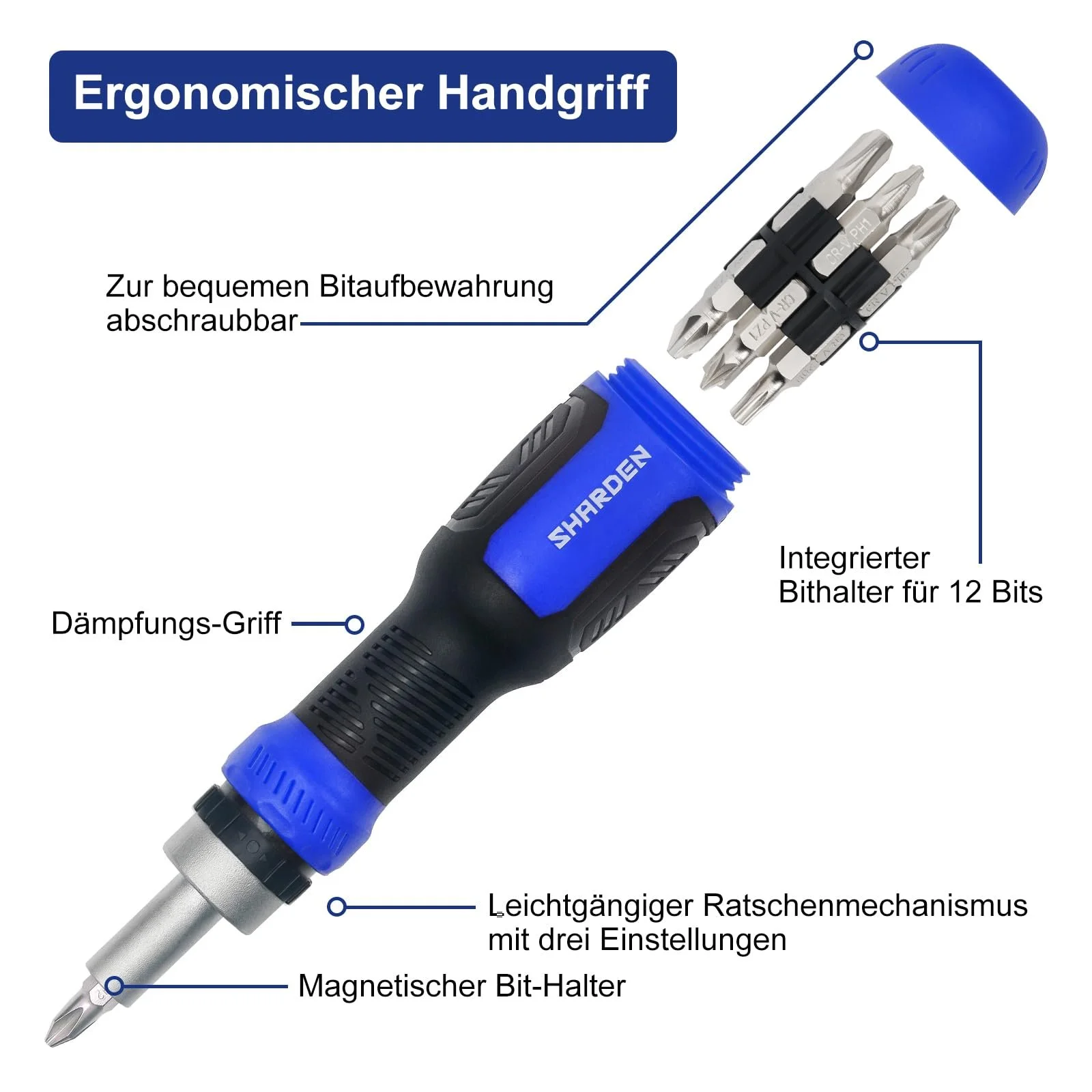 Викрутка з тріскачкою SHARDEN 13-в-1 Torx Slotted Phillips Hexagonal Pozidriv 1/4 дюйма Nut Wrench, фото №2