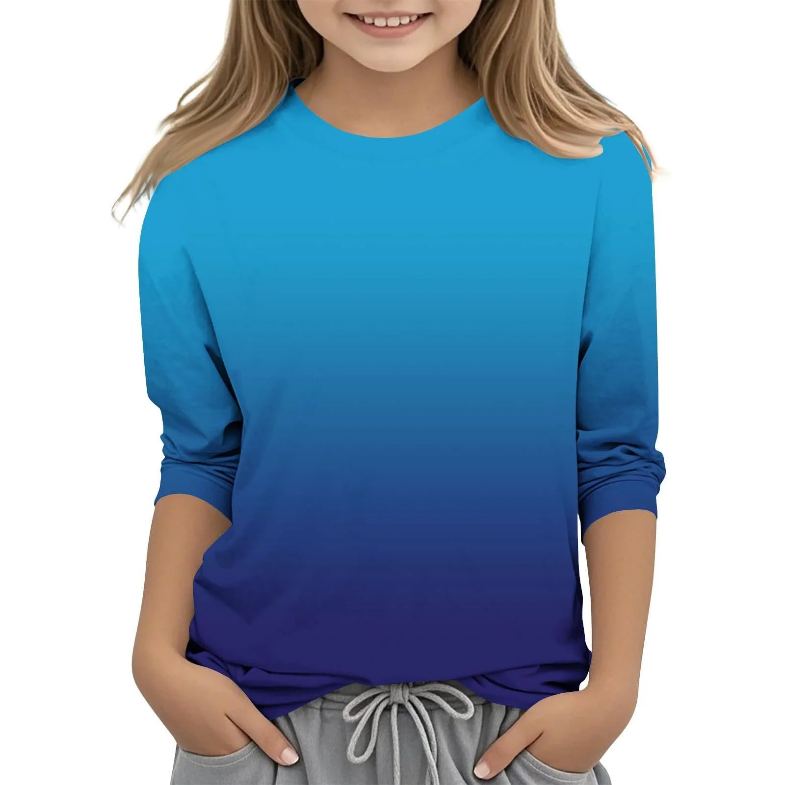 Рубашка с длинными рукавами для девочек, стандартный крой, детские хлопковые пуловеры, свитшоты с круглым вырезом, красочный градиент, рубашка с рукавами 3/4, топы, фото №3