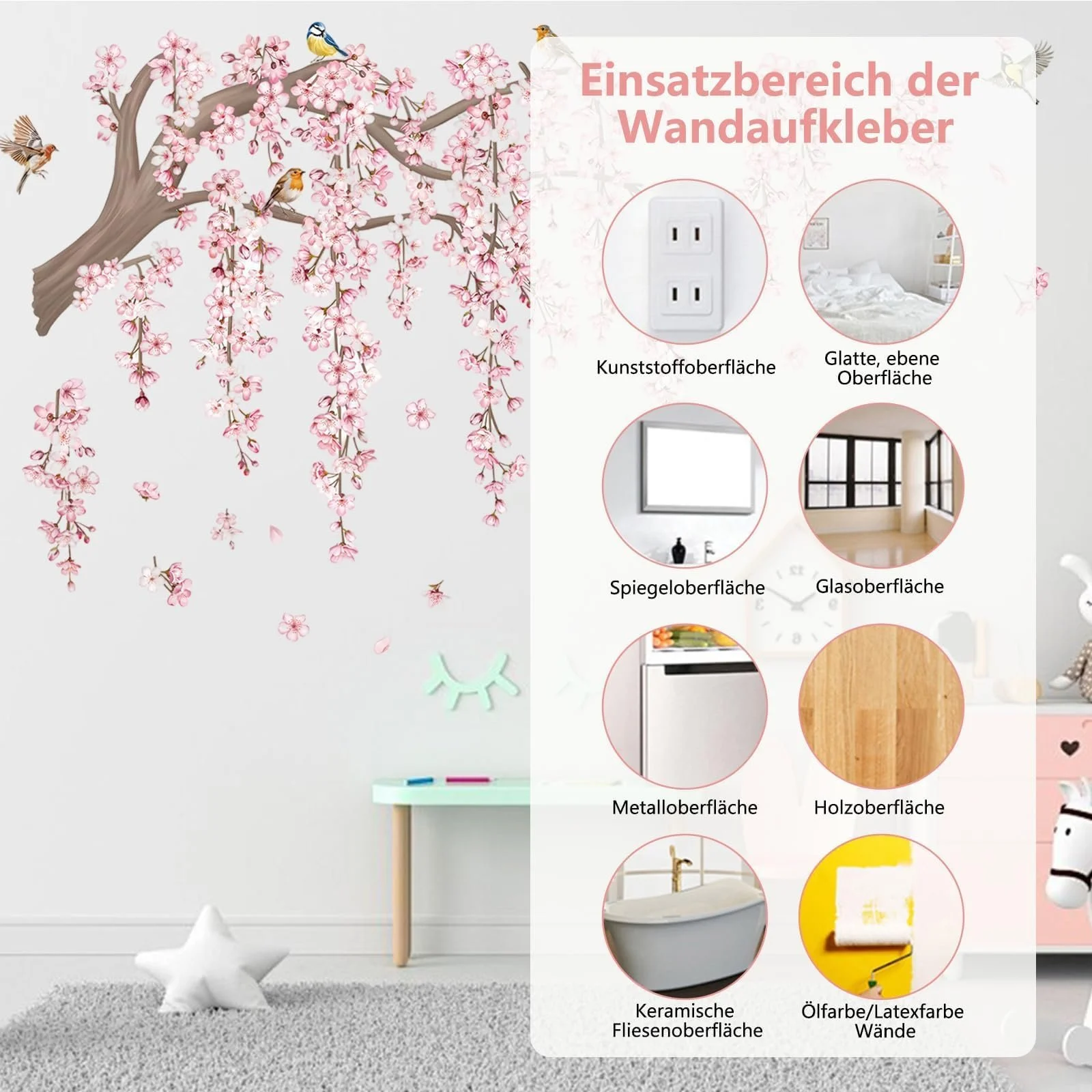 Наклейка на стіну Гілка квітучої сакури з птахами для дитячої спальні вітальні 30х90 см, фото №7
