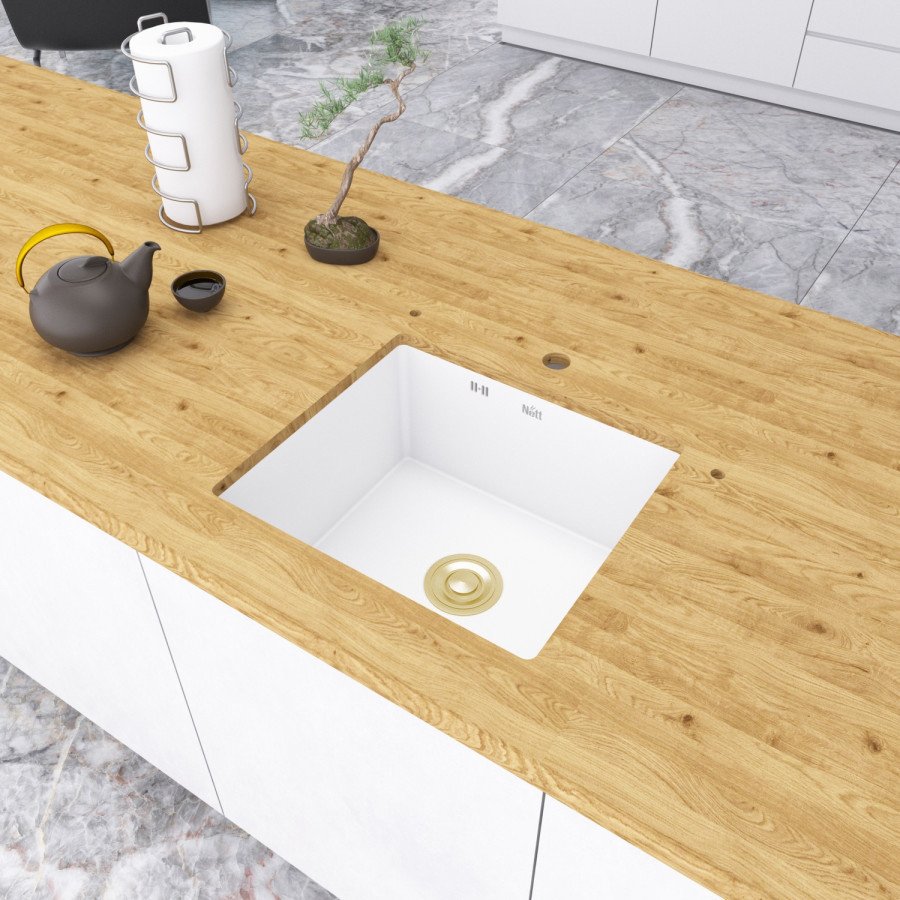 Мийка кухонна біла врізна в стільницю 1.5 мм Nett NW-5045 із золотим сифоном, фото №1